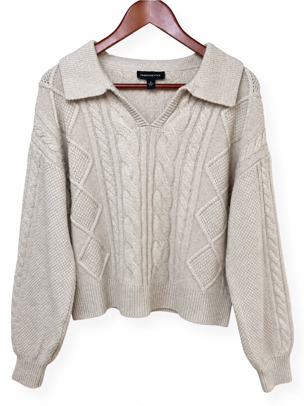 Fortune & Ivy Cable Knit Collared Sweater Cream V-Neck Women's Large
